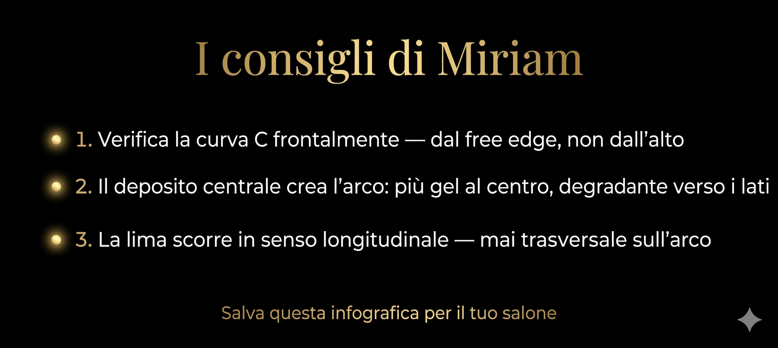 Infografica "I consigli di Miriam" sulla costruzione della curva C dell'unghia gel: verifica frontale, deposito centrale e direzione della limatura